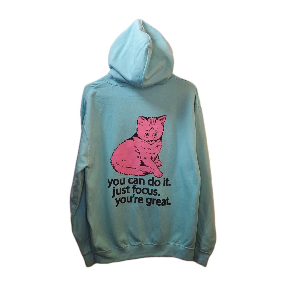 "You Can Do It" Pullover Cat Hoodie Baby Blue Baggy Fit Medium NEW